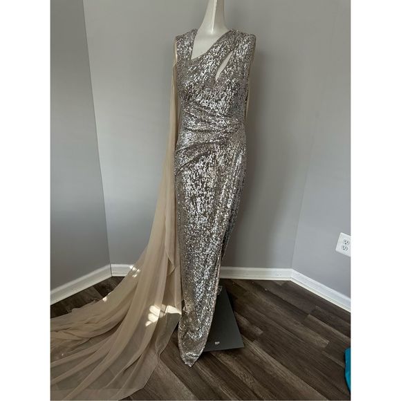 PAMELLA ROLAND Sequin Asymmetric Cape Gown - Picture 9 of 16